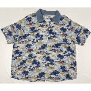 VTG CAPACITY Woman RAYON SHIRT BLUE SAILBOAT PRINT 2X DENIM COLLAR